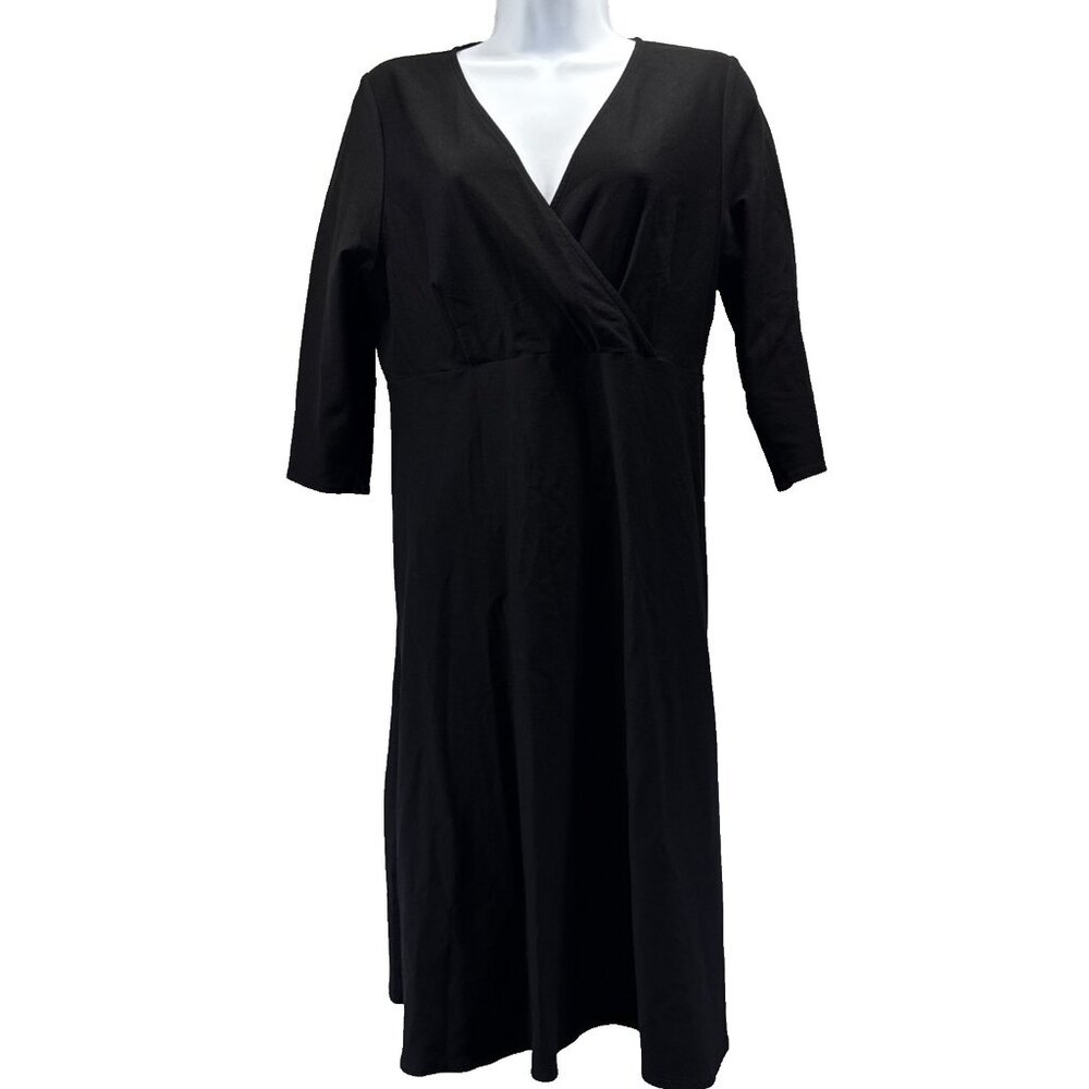 Eileen Fisher Faux Wrap Dress Petite P L Solid Black V Neck Stretch‎ Whimsigoth